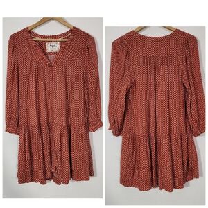 Holding Horses Country Boho Tiered Babydoll tunic XS Rust Floral Button Front